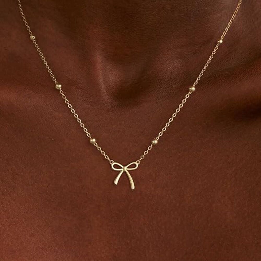 14K Gold Plated Cute Gold-Bead-1 Choker Small Bow Pendant Charm Necklaces - Picture 4 of 6